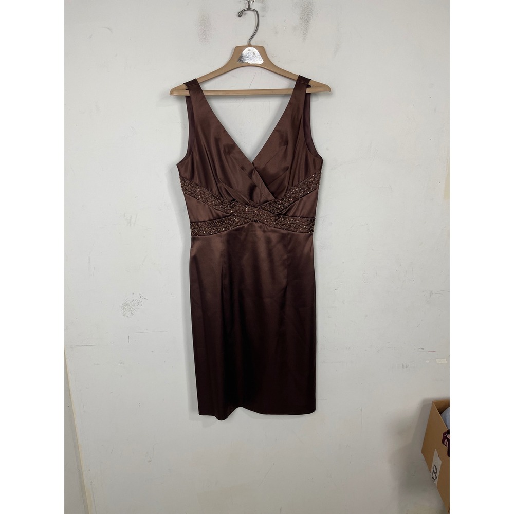 Eliza J Brown Satin Beaded V-Neck‎ Cocktail Sheath Dress Womens 8